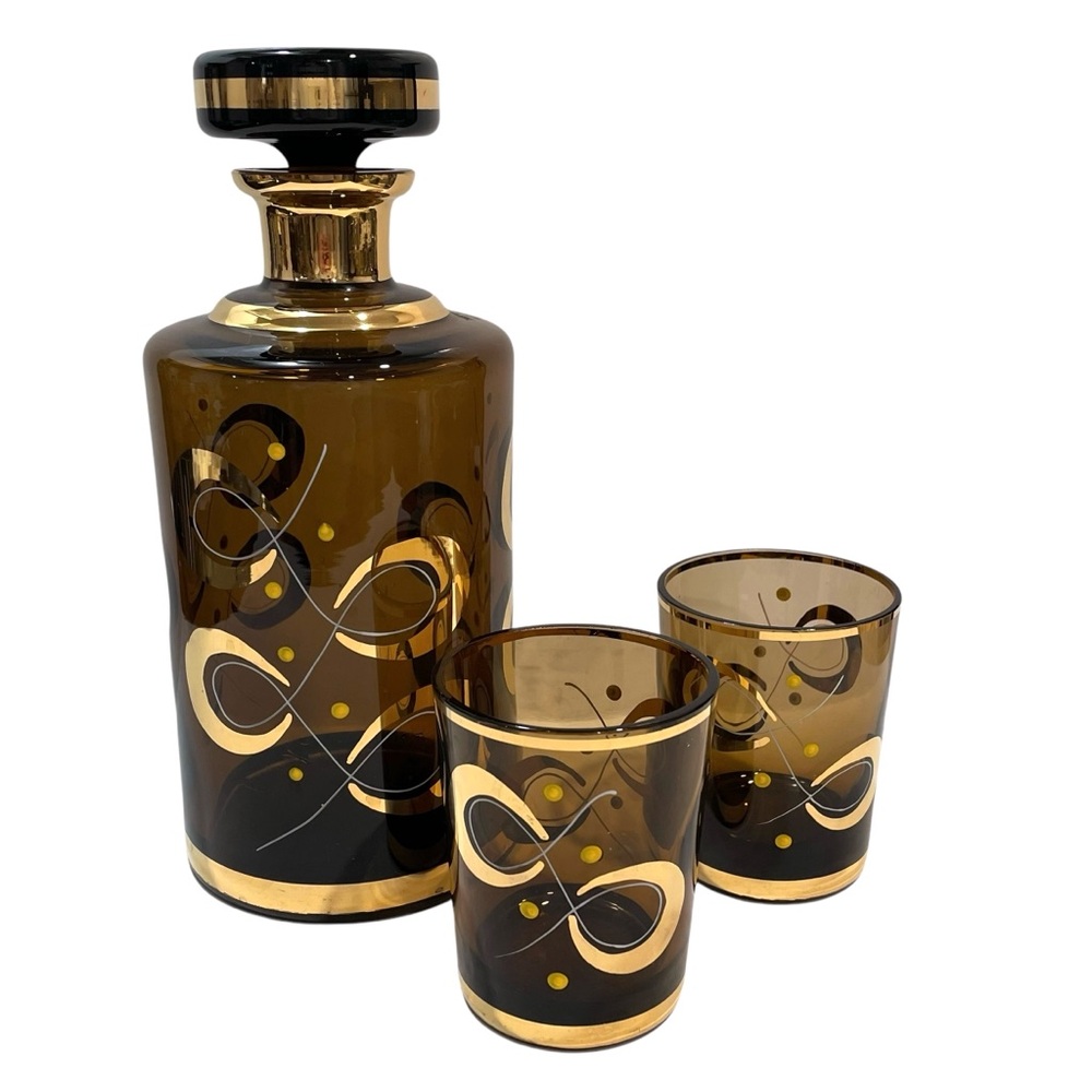 Vintage 1970s Bohemian Crystal Decanter Czech Bottle Matching Glasses (2)